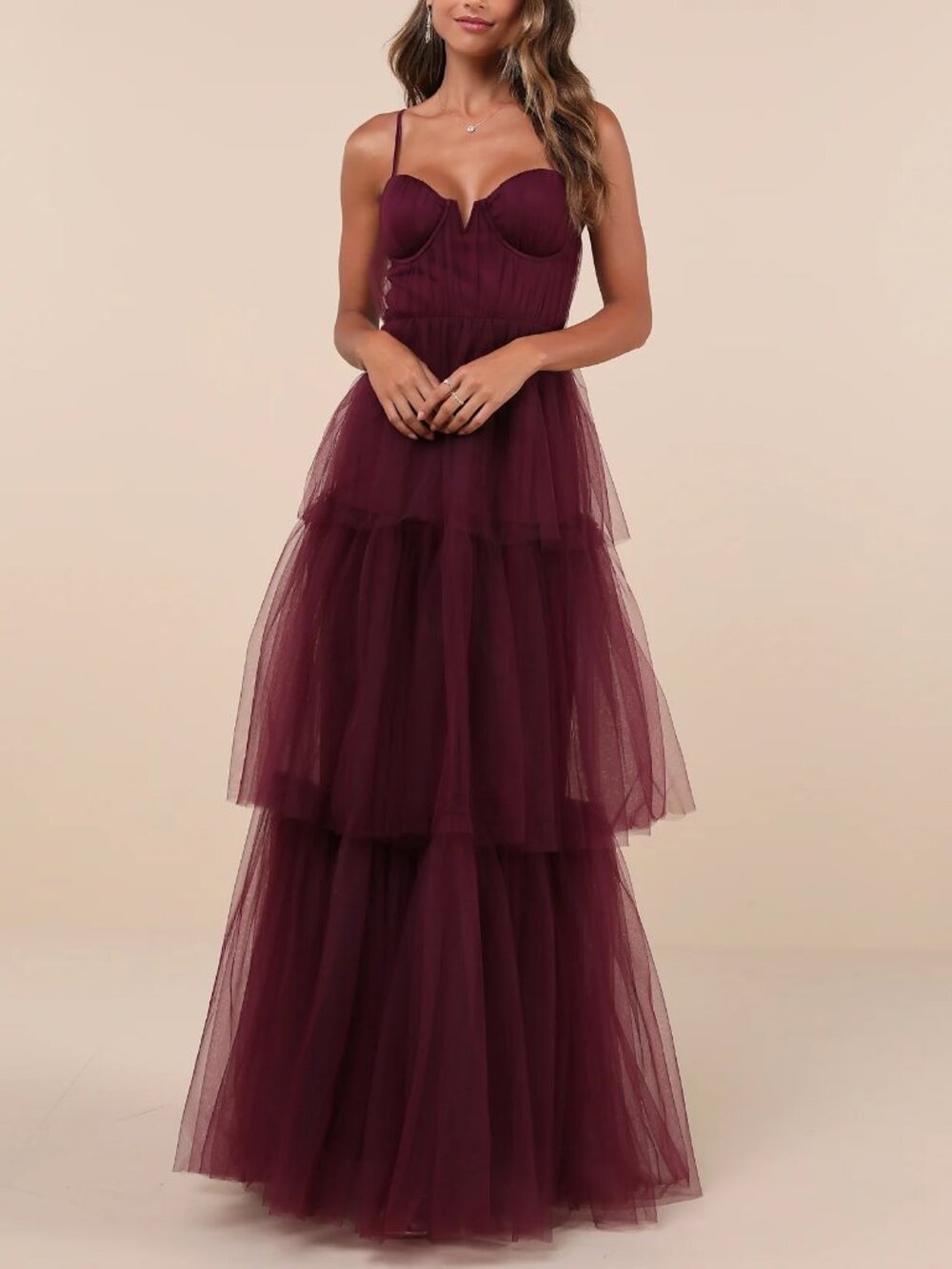 NWT Lulus Unforgettable Poise Plum Purple Tulle Bustier Tiered Maxi Dress Medium